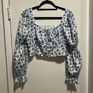 Blue and White Shein Floral Crop Top Shirt